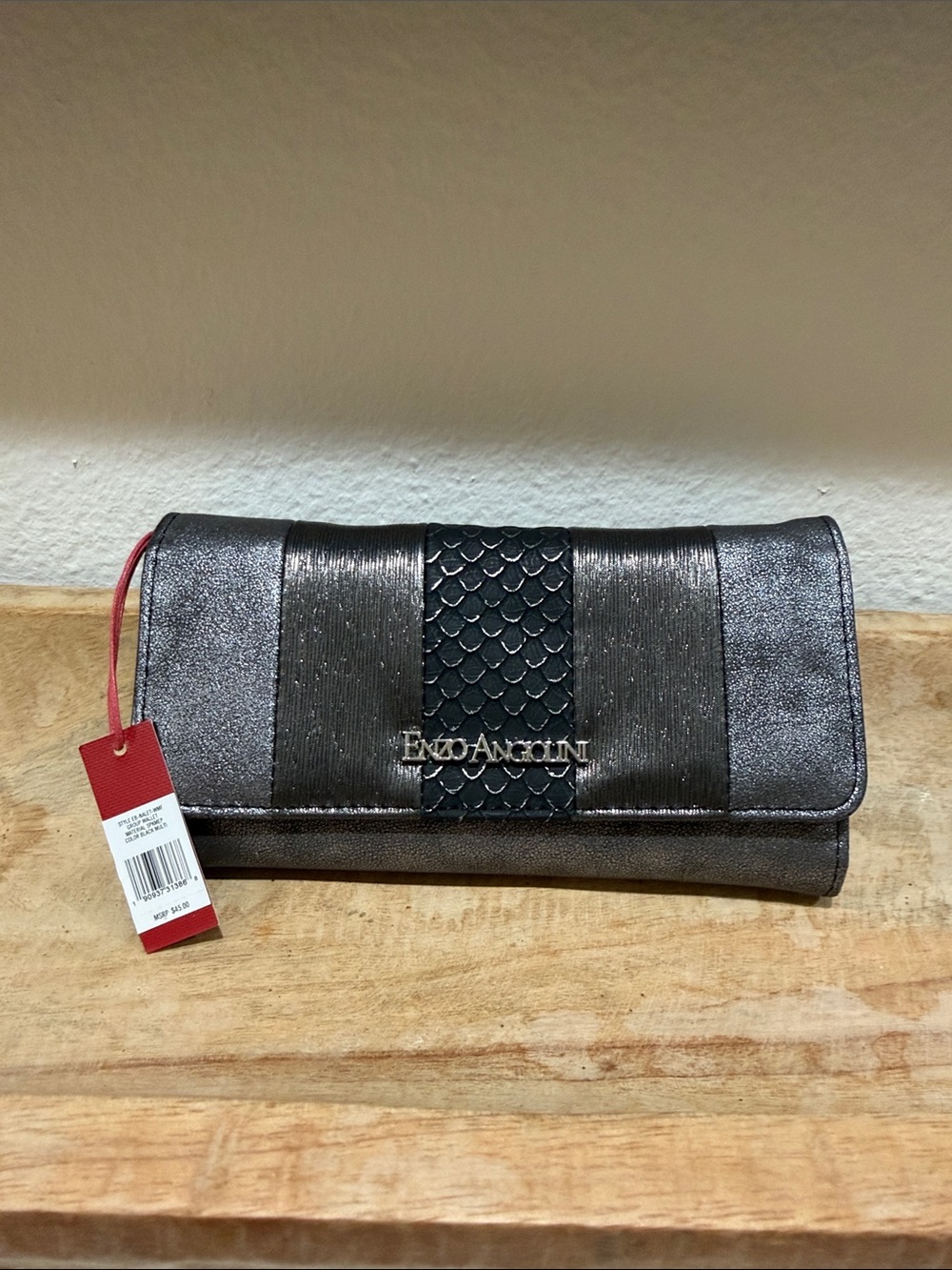Enzo Angiolini Metallic Gunmetal and Black Foldover Wallet Clutch